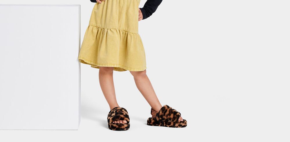 Ugg Slide Big Kids - Ugg Fluff Yeah Her Print Leopard - 961CUGBAJ